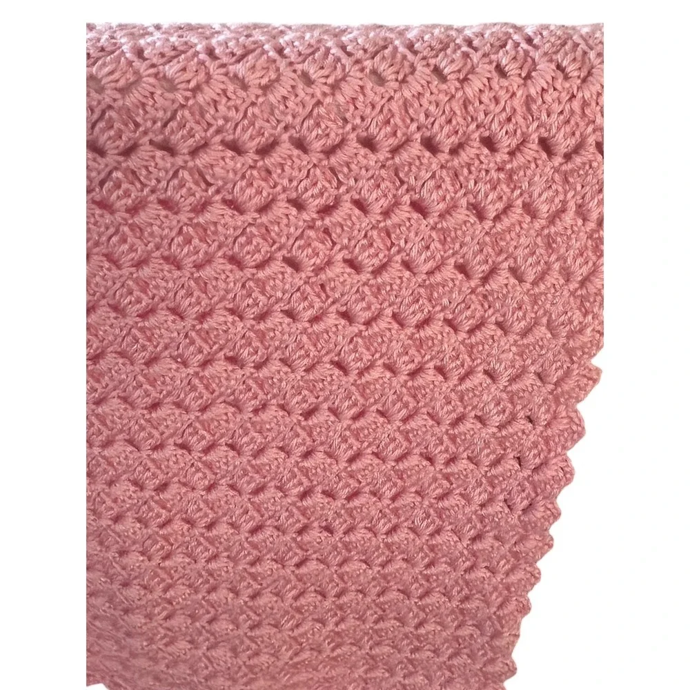 Handmade Pink Crochet Baby Blanket Shell Stitch Scalloped Edge Nursery Wrap